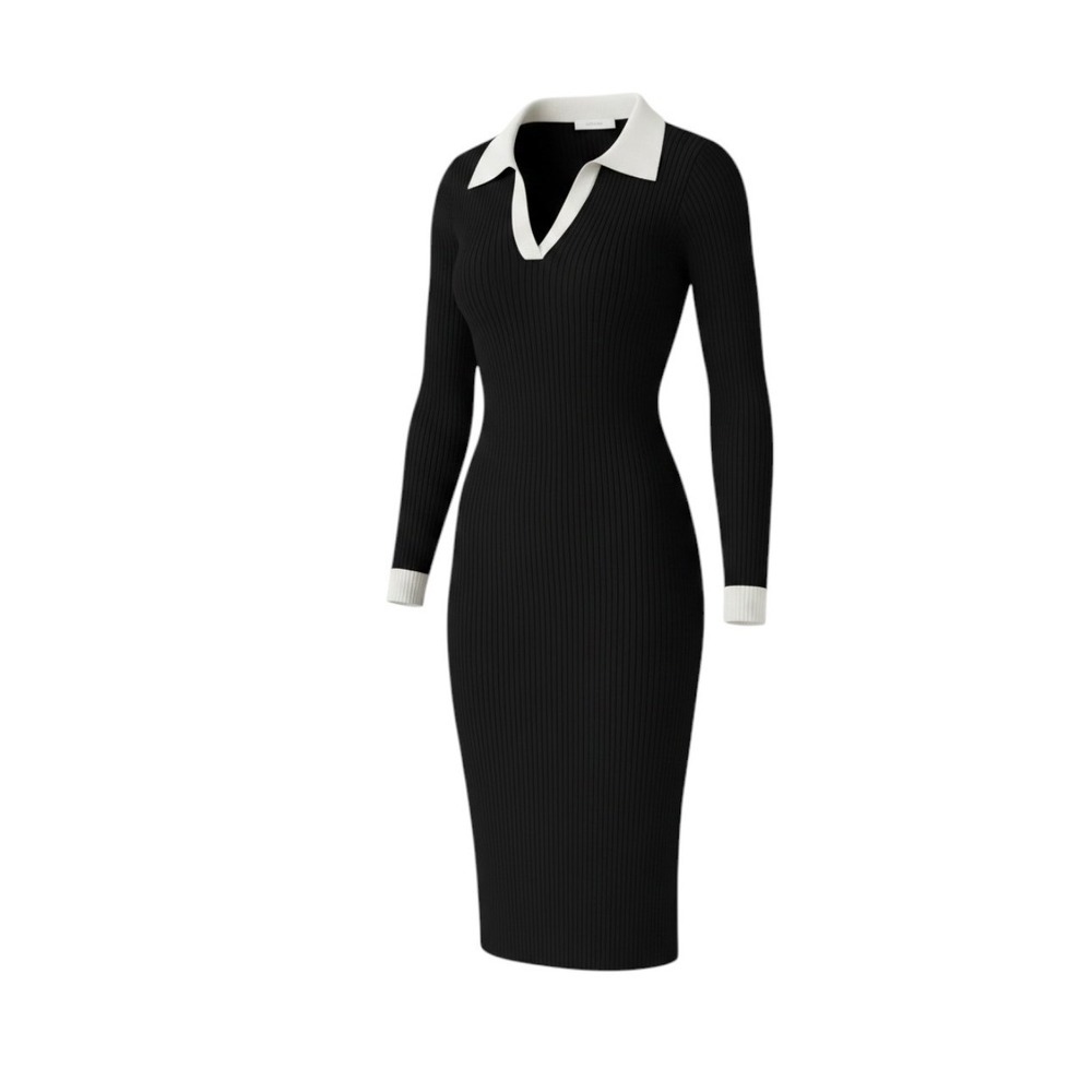 Simple old money minimalist capsule black Knit Long-Sleeve Polo Midi Dress S